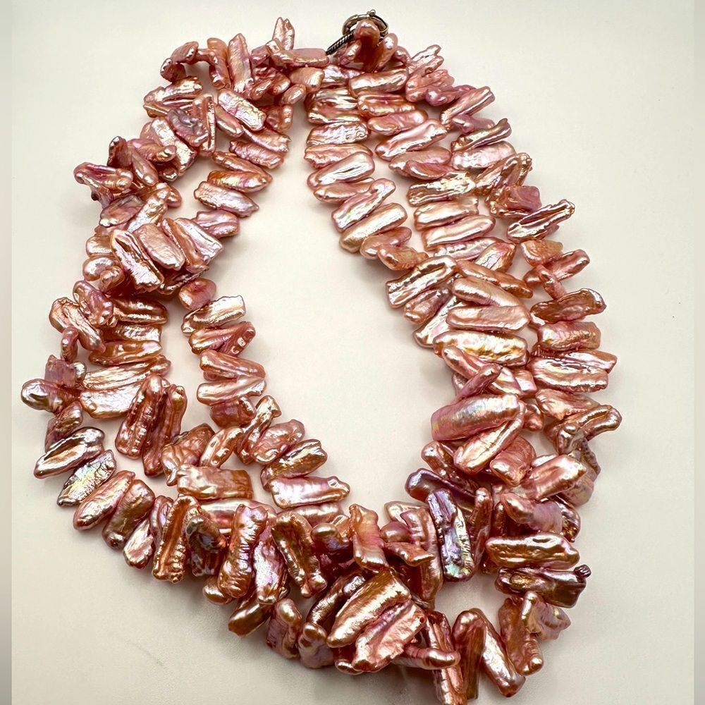 21" Statement three-strand biwa pink pearls with Sterling silver clasp!